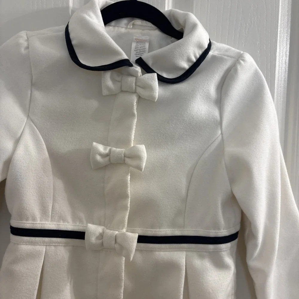 Vtg Gymboree 2013  Girl's Long Sleeve Bow Buttons Ivory Black Long Coat L 10-12